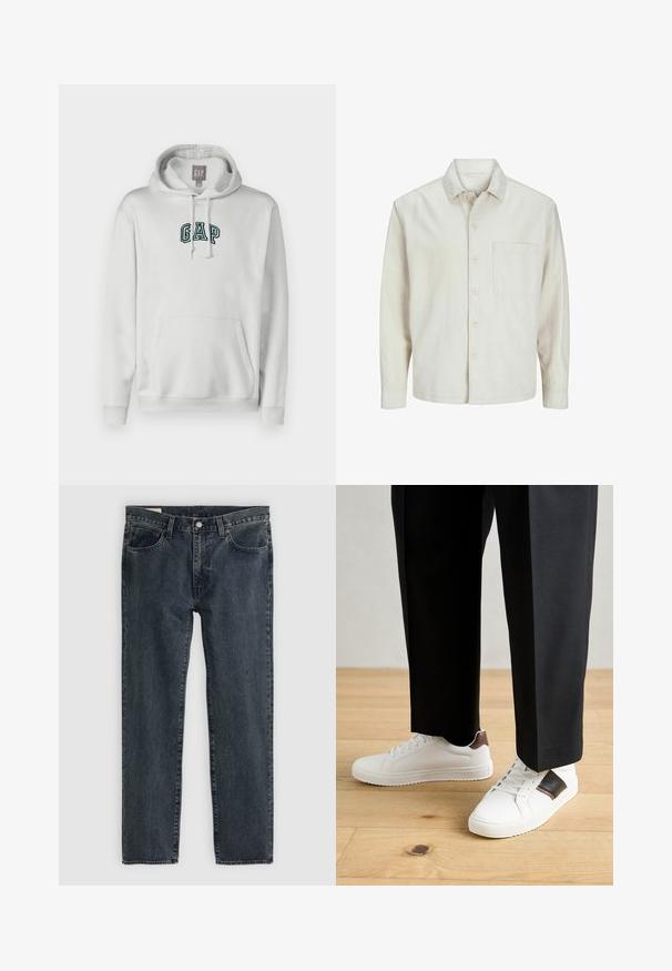 Šviesiai rudos spalvos medvilninis marškinis su klasikiniais atvartais, ilgomis rankovėmis, viena krūtine kišenė ir laisvas fasonas. Sklandus, minkštas paviršius.; GAP TONAL ARCH - Džemperis su gobtuvu - carls stone; Tamsiai mėlynos džinsinės kelnės su tiesioginiu kirpimu, penkiais kišenėmis ir mygtukų uždarymu. Audinys rodo subtilų išblukimą ir tekstūrą.; Balti sportbačiai su glotnia danga, puošti rudais odiniais akcentais ir juodais detalėmis, derinami su juodais pritaikytais kelnėmis. Medinių grindų fonas.