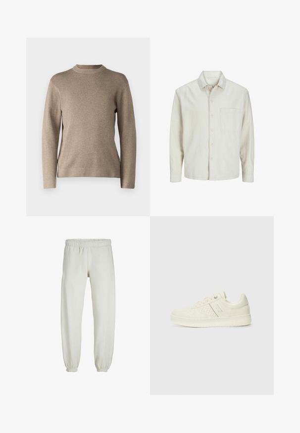 Beige button-up shirt made of cotton with a classic collar, long sleeves, one chest pocket, and a relaxed fit. Smooth, soft texture.; Beige sweater with a round neck, long sleeves, ribbed cuffs, and a soft, textured fabric. Features a simple design and relaxed fit.; White sweatpants made from soft fabric, featuring an elastic waistband and cuffs, with a smooth texture and loose-fitting design.; Cream-colored sneaker with perforated detailing, laces, and logo on the side, displayed against a plain white background.