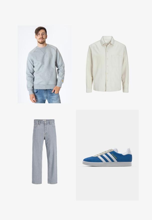 Beige overhemd met knopen, gemaakt van katoen, met een klassieke kraag, lange mouwen, één borstzak en een comfortabele pasvorm. Glad, zacht textuur.; Carhartt WIP CHASE - Sweater - ash heather; Lichtblauwe denim jeans met een relaxed fit, rechte pijpen, zichtbare stiksels, twee voorzakken en een knoopsluiting.; adidas Originals ADIDAS GAZELLE SHOES - Zaalvoetbalschoenen - real madrid/bluebird/footwear white/crew yellow