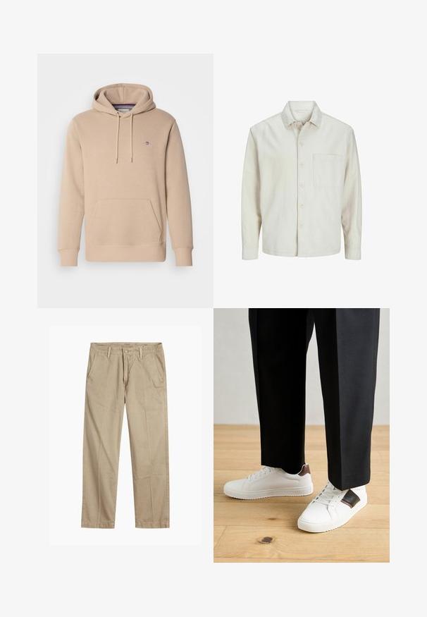 Beige košile na knoflíky vyrobená z bavlny s klasickým límcem, dlouhými rukávy, jednou náprsní kapsou a uvolněným střihem. Hladká a jemná textura.; Béžová mikina s kapucí vyrobená z měkké tkaniny, se přední kapsou, nastavitelným stahováním a vyšitým logem na hrudi.; Beige rovné chino kalhoty s poutky na opasek, zapínáním na přední knoflík a zip, a šikmými předními kapsami.; Bílé tenisky s hladkým povrchem, s hnědými koženými akcenty a černými detaily, kombinované s černými kalhotami na míru. Pozadí tvoří dřevěná podlaha.