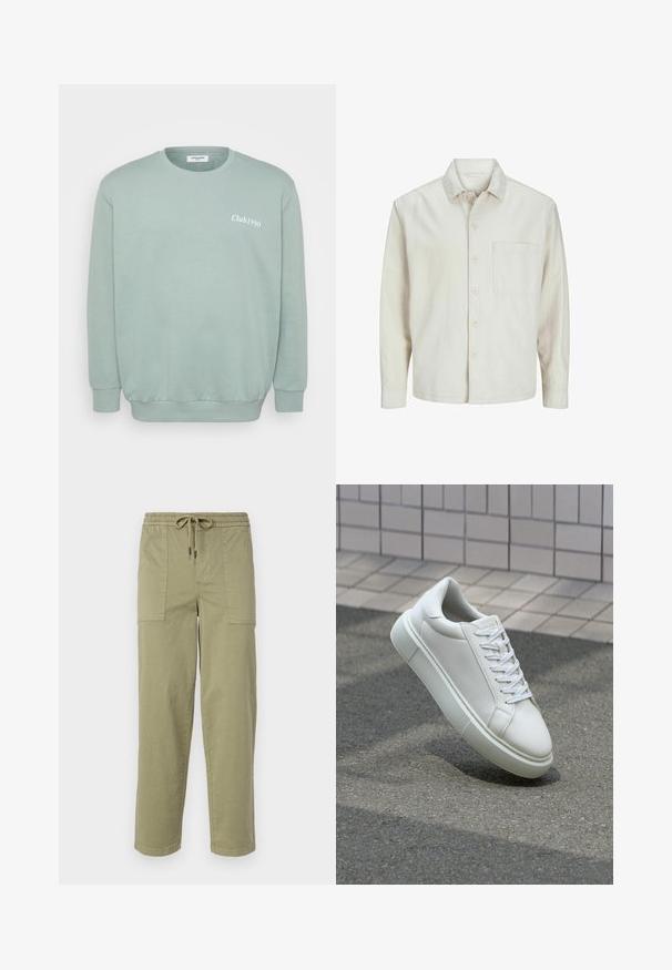 Beige painasärk, mis on valmistatud puuvillast, klassikalise kraega, pika varrukaga, ühe rinna taskuga ja lõdva lõikega. Sile, pehme tekstuur.; Vihreä crewneck-huppari, joka on valmistettu pehmeästä puuvillasekoitteesta. Ominaisuuksiin kuuluvat joustavat hihansuut ja helma, sekä etupuolella valkoisella painettu "Club1990".; Vaaleanoliivinvihreät housut, jotka on valmistettu puuvillasekoitteesta. Housuissa on joustava vyötärö, joka sisältää nyörin, sekä kaksi suurta sivutaskua.; Valkoinen nahkainen lenkkari, jossa on sileä pinta, pyöreä kärki ja tasaiset valkoiset nauhat. Varustettu teksturoidulla kumi-pohjalla ja vähäisillä muotoiluelementeillä.