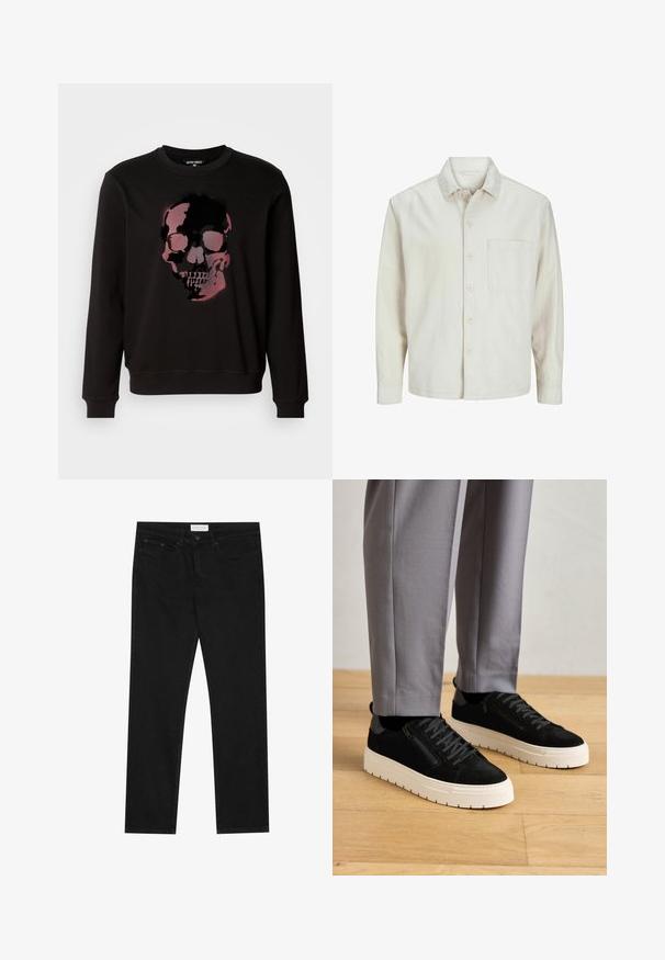 Camicia beige a bottoni realizzata in cotone con colletto classico, maniche lunghe, una tasca sul petto e una vestibilità rilassata. Texture liscia e morbida.; Felpa nera con una grafica centrale che raffigura un teschio in tonalità di rosa e nero, con collo a giro e polsini a costine.; Jeans neri a gamba dritta con design a cinque tasche, chiusura con bottone e zip, e etichetta del marchio Pier One sulla cintura.; Sneaker nere in suede con finitura testurizzata, dotate di suola in gomma bianca e dettaglio zip laterale decorativo, indossate con pantaloni grigi.