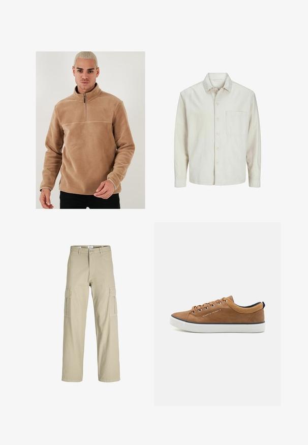 Beige nööbiga särk, mis on valmistatud puuvillast, klassikalise krae, pikkade varrukate, ühe rinnatasku ja avara lõikega. Sujuv, pehme tekstuur.; Kohvifliisist pehme pullover poolzip-krae ja pikkade varrukatega. Omab siledat tekstuuri ja ühevärvilist ilma mustrite või aktsentideta.; Bežid cargo püksid, mis on valmistatud kergest kangast, omavad lõdva istuvust, kahte külgtaskut ja nupuga sulgemist.; Pruunid nahast tossud ümarate varvastega, valge tallaga ja tumesiniste aktsentidega. Omavad metallist silmadega ja tekstureeritud kaelakaunistust.