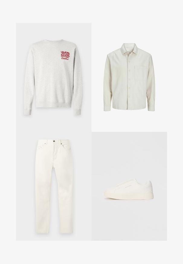 Camisa de botón de color beige hecha de algodón, con un cuello clásico, mangas largas, un bolsillo en el pecho y un corte relajado. Textura suave y lisa.; Sudadera de algodón gris con puños y dobladillo acanalados, con un logo rojo impreso en el pecho. Diseño clásico de cuello redondo.; Jeans de denim blanco con corte recto, que cuentan con cinco bolsillos, cierre de botón y un sutil detalle de costura cerca de la cintura.; Zapatillas blancas tipo slip-on con una superficie texturizada, suela gruesa y diseño minimalista. Presenta el logo de la marca en un lado.