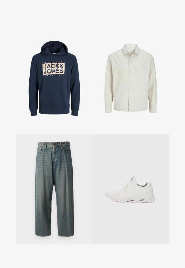 Beige színű, pamut anyagú gombos ing, klasszikus gallérral, hosszú ujjakkal, egy mellzsebbel és laza szabással. Sima, puha tapintású.; Sötétkék kapucnis pulóver pamut keverékből, elöl kenguruzsebbel, húzózsinórral ellátott kapucnival, és nyomtatott logóval a mellkasán.; Világoskék farmernadrág, laza fazonnal, közepes derékbőséggel és egyenes szárral. Öt zsebet, övbucskát és gombos záródást tartalmaz.; Fehér sportcipők, texturált kötött felsőrésszel, lapos fűzőkkel és párnázott talppal, amely látható légkamrákkal rendelkezik a megerősített kényelem érdekében.