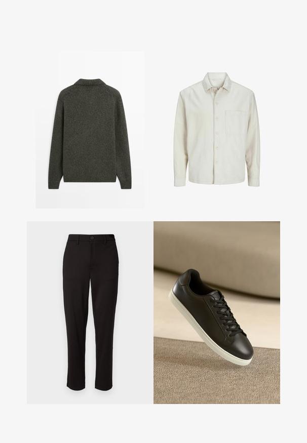 Camicia beige a bottoni realizzata in cotone con colletto classico, maniche lunghe, una tasca sul petto e una vestibilità rilassata. Texture liscia e morbida.; Maglione in lana grigio scuro con maniche lunghe e fondo a coste, mostrato dal retro su uno sfondo bianco uniforme.; Pantaloni neri in tessuto leggero, con gamba dritta, chiusura frontale con bottone, passanti per cintura e tasche laterali.; Sneaker in pelle nera con suola in gomma bianca e lacci neri, posizionato su una superficie e sfondo in tessuto beige.