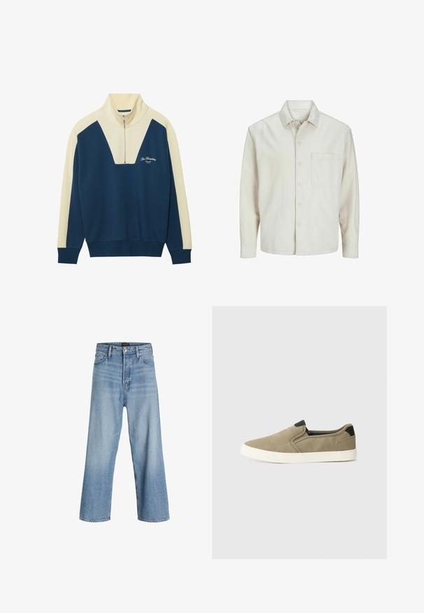 Beige košile na knoflíky vyrobená z bavlny s klasickým límcem, dlouhými rukávy, jednou náprsní kapsou a uvolněným střihem. Hladká a jemná textura.; Námořnický a krémový pulovr se zipsovou poloviční límcem, s V-čkovým designem a logo textem na hrudi. Měkký materiál z bavlněné směsi.; Svetle modré volné džíny z denimu, s vysokým pasem, klasickým pětikusovým designem a zapínáním na knoflík se zipem.; Taupe nazouvací boty s texturovaným textilním svrškem, kontrastním černým podpatkem a bílou gumovou podrážkou. Prodyšný perforovaný design.