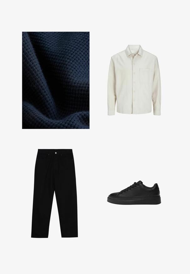 Beige színű, pamut anyagú gombos ing, klasszikus gallérral, hosszú ujjakkal, egy mellzsebbel és laza szabással. Sima, puha tapintású.; Sötét navy textúrált szövet rácsos mintával, amely lágy, kötött megjelenésű és enyhe fényességgel bír.; Fekete farmernadrág, egyenes szabással, öt zsebből álló dizájnnal és elülső gombos záródással. Simább felület minimális varrási részletekkel.; Fekete sportcipő sima bőrből, kerek orral, vastag talpazattal és hagyományos fűzési megoldással, hat fűzőlyukkal.