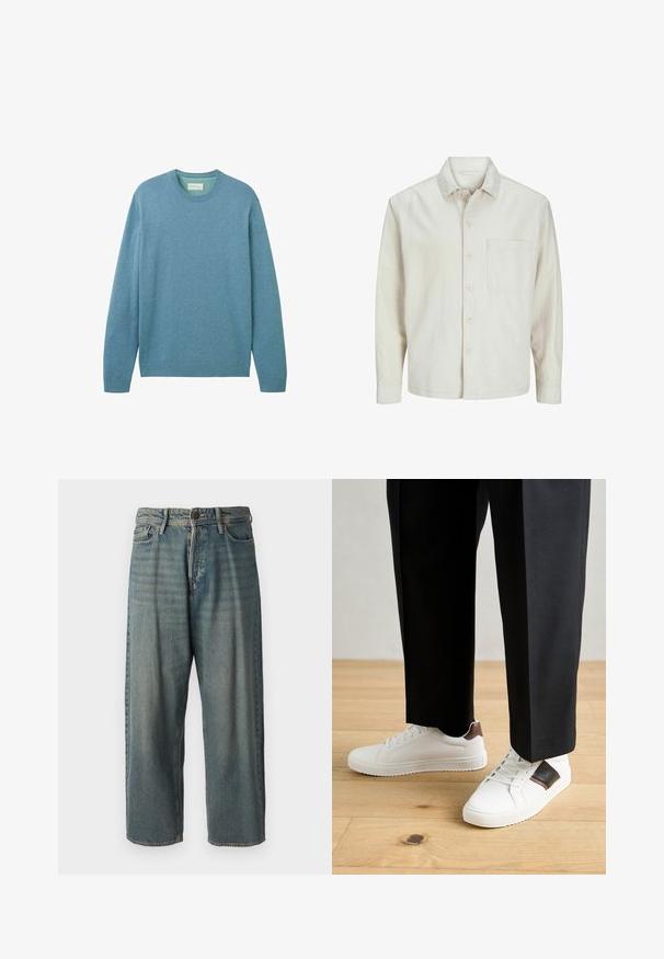 Beige pogrieta krekls no kokvilnas ar klasisku apkakli, garām piedurknēm, vienu krūšpocketu un brīvu piegriezumu. Gluda, maiga tekstūra.; Gaiši zils džemperis, kas izgatavots no mīksta auduma, ar garām piedurknēm un apaļu kakla izgriezumu. Ribotie aproču un apakšmalas gali piešķir tekstūru. Nav redzamu rakstu.; Gaiši zili džinsi ar brīvu piegriezumu, vidējo jostas augstumu un taisnām kājām. Satur piecas kabatas, jostas cilpas un pogu aizdari.; Baltā pārsoļa apavi ar gludu tekstūru, papildināti ar brūniem ādas akcentiem un melniem elementiem, savienoti ar melnām pielāgotām biksēm. Koka grīdas fons.