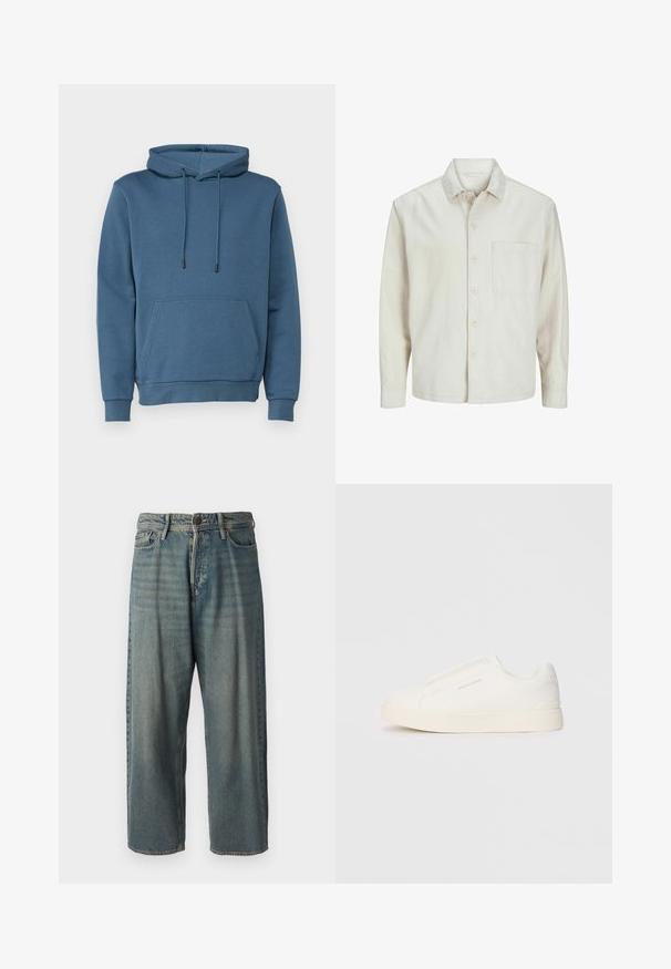 Bež košulja s dugim rukavima od pamuka, klasičnog ovratnika, s jednom džepom na prsima i opuštenim krojem. Glatka, meka tekstura.; Hooded dukserica u plavoj boji, s prednjim džepom, ušicama za stezanje, rebrastim manžetama i donjim rubom. Izrađena od mekog, teksturiranog materijala.; Svijetloplave traperice s širokim krojem, srednjim pojasom i ravnim nogavicama. Ima pet džepova, petlje za remen i kopčanje na gumb.; Bijele slip-on tenisice s teksturiranom površinom, debelim đonom i minimalističkim dizajnom. Sadrže logo branda sa strane.