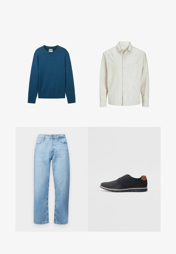 Béžová košeľa s gombíkmi vyrobená z bavlny, s klasickým golierom, dlhými rukávmi, jednou náprsní kapsou a voľným strihom. Hladká, mäkká textúra.; Modrá mikina s dlhými rukávmi a okrúhlym výstrihom vyrobená z mäkkej tkaniny. Má rebrované manžety a lem, s decentným logom vyšitým na hrudi.; Svetlomodré denim nohavice so rovnými nohavicami, dizajnom s piatimi vreckami a zapínaním na gombík. Hladká textúra s minimálnym vyblednutím a vyšitými akcentmi.; Čierne syntetické topánky so štruktúrovaným zvrškom, hladkými akcentmi, hnedým opätkom a kontrastnou podrážkou. Majú minimálne šnurovanie a detaily prešitia.