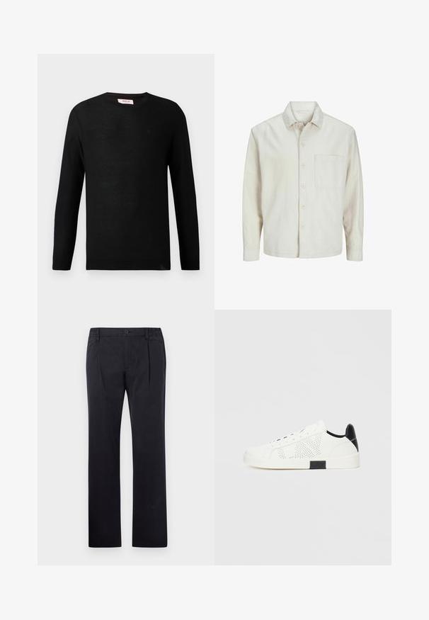 Beige painasärk, mis on valmistatud puuvillast, klassikalise kraega, pika varrukaga, ühe rinna taskuga ja lõdva lõikega. Sile, pehme tekstuur.; Musta neulepaita pitkillä hihoilla ja pyöreällä kauluksella. Hieman tekstuuria ja pieni logoyksityiskohta rinnassa. Klassinen ja monikäyttöinen muotoilu.; Mustat puuvillahousut suoraan lahkeella, joissa on napitettava sulkeminen ja joustava vyötärö säätömahdollisuudella. Liukas rakenne, ilman kuvioita.; Valkoiset tennarit, joissa on reikämuotoilu, musta korko-osa ja valkoinen kumipohja. Varustettu nauhoilla ja logolla sivussa. Sileä nahkatekstuuri.