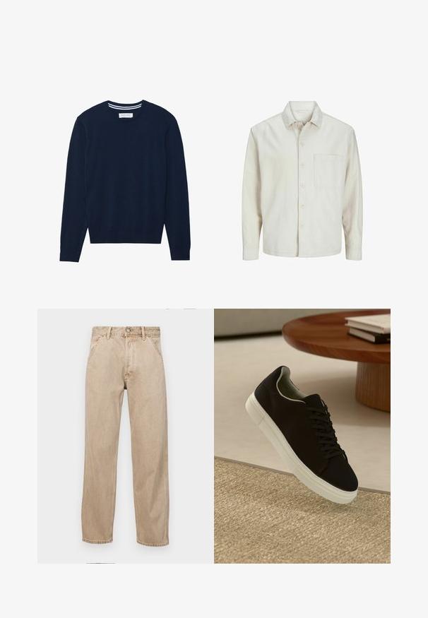 Beige košile na knoflíky vyrobená z bavlny s klasickým límcem, dlouhými rukávy, jednou náprsní kapsou a uvolněným střihem. Hladká a jemná textura.; Tmavě modrý pletený svetr s kulatým výstřihem, dlouhými rukávy a žebrovanými manžetami. Obsahuje kontrastní pruhované detaily na límci.; Béžové džíny z denimu se středně širokým střihem, vybavené předními kapsami, kovovým zapínáním na knoflík a jemnou texturou.; Černé tenisky s bílou podrážkou plující nad béžovým texturovaným kobercem poblíž kulatého dřevěného stolu se stohovanými knihami.
