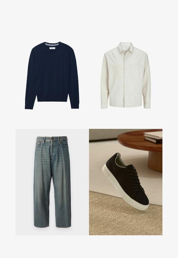 Šviesiai rudos spalvos medvilninis marškinis su klasikiniais atvartais, ilgomis rankovėmis, viena krūtine kišenė ir laisvas fasonas. Sklandus, minkštas paviršius.; Tamsiai mėlynas megztinis su apvalia iškirpte, ilgomis rankovėmis ir dryžuotomis rankogaliais. Yra kontrastinga dryžuota detalė ant apykaklės.; Šviesiai mėlyni džinsai su laisvu siluetu, vidutinio aukščio juosmeniu ir tiesiomis kojomis. Su penkiais kišenėmis, diržo kilpo ir mygtukų uždarymu.; Juodas sportinis batelis su baltu padu, lekiančius virš smėlio spalvos tekstūruoto kilimo šalia apvalaus medinio stalo su sukrautomis knygomis.