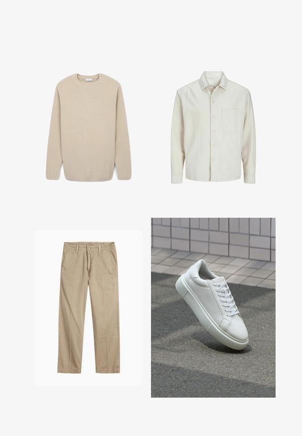 Camicia beige a bottoni realizzata in cotone con colletto classico, maniche lunghe, una tasca sul petto e una vestibilità rilassata. Texture liscia e morbida.; Maglione di maglia beige chiaro con collo a giro, polsini e orlo a costine. Texture morbida, stile pullover e vestibilità rilassata.; Chinos beige a gamba dritta con passanti per cintura, chiusura frontale a bottone e zip, e tasche laterali inclinati.; Sneaker bianco in pelle con superficie liscia, punta rotonda e lacci piatti bianchi. Presenta una suola in gomma texturizzata e un design minimale.