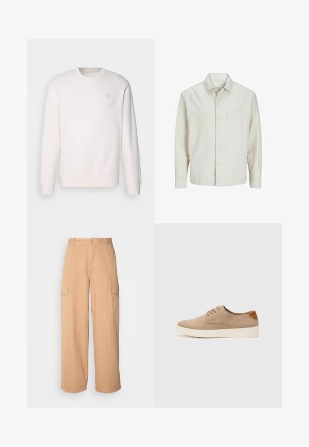 Beige knäppskjorta i bomull med klassisk krage, långa ärmar, en bröstficka och en avslappnad passform. Slät, mjuk textur.; Vit sweatshirt av mjukt tyg med rund halsringning, långa ärmar, ribbade manschetter och en liten fyrkantig logotyp på bröstet.; Beige vida cargobyxor i lättviktsmaterial, med två sidofickor och knappstängning i midjan. Mjuk textur.; Beige mockasinsneakers med rund tå, snörning fram och texturerad bakaxel. Vit gummisula ger kontrast. Enkelt och modernt design.