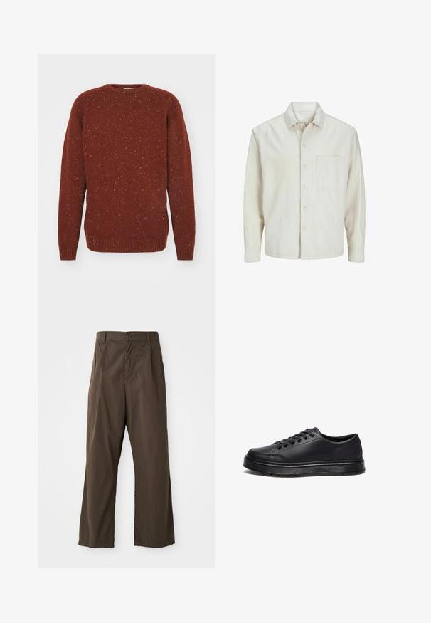 Beige Hemd mit Knopfleiste aus Baumwolle, klassischem Kragen, langen Ärmeln, einer Brusttasche und lockerer Passform. Glatte, weiche Textur.; Carhartt WIP ANGLISTIC - Strickpullover - speckled offroad; Braune, weite Baumwollhosen mit vorderem Knopfverschluss, Gürtelschlaufen und einer glatten, matten Textur.; Schwarze Low-Top-Sneaker aus glattem synthetischem Material, mit runden Schnürsenkeln, sechs Ösen und einer strukturierten Gummisohle mit weißen Akzenten.