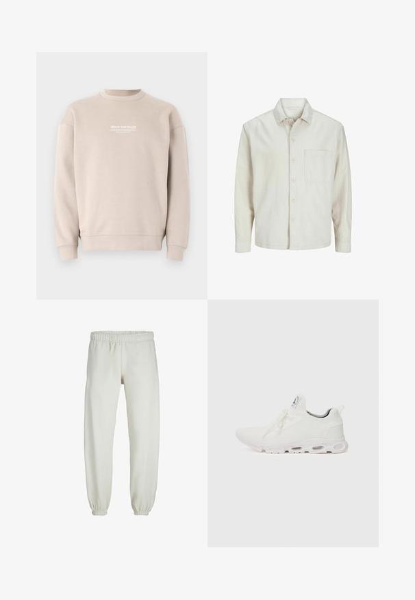 Beige pogrieta krekls no kokvilnas ar klasisku apkakli, garām piedurknēm, vienu krūšpocketu un brīvu piegriezumu. Gluda, maiga tekstūra.; Bēša džemperis, kas izgatavots no mīksta auduma ar apaļu kaklu. Uz krūtīm ir balts teksta logo, kā arī ribotas aproces un apakšmala.; Baltas treniņbikses, izgatavotas no mīkstas auduma, ar elastīgu jostu un piedurknēm, gluda tekstūra un brīva piegriezuma dizains.; Baltas sporta apavi ar teksturētu adītu augšdaļu, platiem auklām un mīkstinātu zoli ar redzamām gaisa kamerām papildu atbalstam.