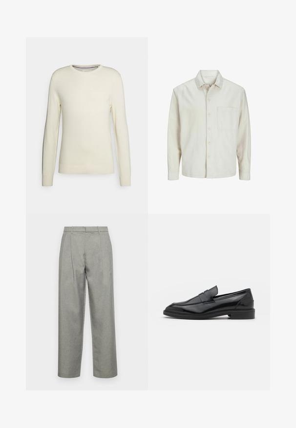 Beige knap-skjorte lavet af bomuld med klassisk krave, lange ærmer, en brystlomme og en afslappet pasform. Glat, blød tekstur.; Cremefarvet sweater med rund hals, lange ærmer, ribbede manchetter og kant. Fremstillet af blødt strikket stof uden mønstre eller pynt.; Grå skræddersyede bukser lavet af struktureret stof, med lige ben-design, frontfolder og en standard talje med bæltesløjfer.; Sorte læder loafers med en glat overflade, der har en rund tå og en smal bånd over det øverste. Lav stablet hæl.