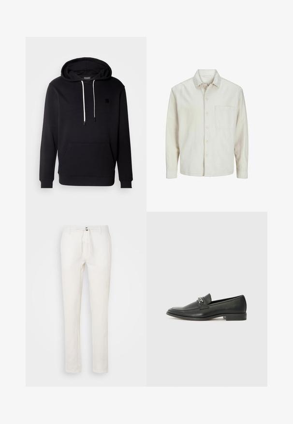 Beige nööbiga särk, mis on valmistatud puuvillast, klassikalise krae, pikkade varrukate, ühe rinnatasku ja avara lõikega. Sujuv, pehme tekstuur.; Mustamüts pehmest kangast, millel on ees kangaroo tasku, reguleeritav kapuuts ja väike must logo päts rinnal.; Valged linased püksid, millel on tõmbluku vöökoht, sirge jalgade disain ja peen tekstuur. Ilma nähtavate taskute või mustriteta.; Must haveate nahkking punased, millel on sile viimistlus, tikitud muster ja dekoratiivne metallkett vampi üle. Tasane konts.