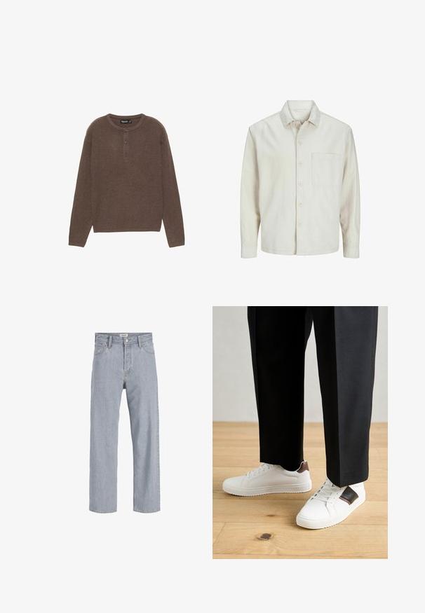 Beige színű, pamut anyagú gombos ing, klasszikus gallérral, hosszú ujjakkal, egy mellzsebbel és laza szabással. Sima, puha tapintású.; Barna bordás kötött hosszú ujjú felső, kerek nyakkivágással és három gombos záródással. Egyenes szabású és puha tapintású.; Világoskék farmernadrág, laza szabású, egyenes lábú kialakítással, látható varrással, két elülső zsebbel és gombos záródással.; Fehér sneaker, sima textúrával, barna bőr díszítéssel és fekete részletekkel, fekete szabott nadrággal párosítva. Fából készült padló háttér.