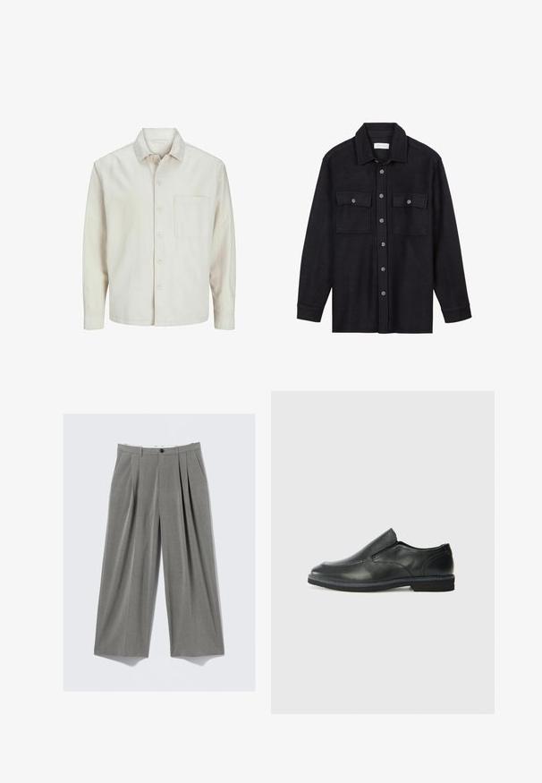 Béžová košeľa s gombíkmi vyrobená z bavlny, s klasickým golierom, dlhými rukávmi, jednou náprsní kapsou a voľným strihom. Hladká, mäkká textúra.; Čierna vlnená košeľa s límcom, predným zapínaním na gombíky, dvoma náprsními vreckami a dlhými rukávmi. Mäkka textúra, bez viditeľných vzorov.; Sivé pruhované široké nohavice s prednými záhybmi, pútkami na opasok, bočnými vreckami a čiernym gombíkovým zapínaním.; Čierny kožený nazúvací topánka s hladkým zvrškom, prešitými akcentmi, zaoblenou špičkou a nízkym gumovým podpätkom. Podošva má minimálny dezén.