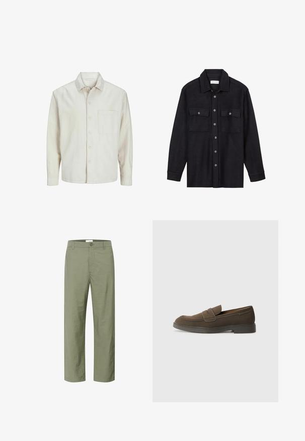 Beige színű, pamut anyagú gombos ing, klasszikus gallérral, hosszú ujjakkal, egy mellzsebbel és laza szabással. Sima, puha tapintású.; Fekete gyapjúpóló dzseki gallérral, elülső gombos záródással, két mellzsebbel és hosszú ujjakkal. Puha tapintású, látható minták nélkül.; Világos olíva zöld nadrág sima, könnyű szövetből. Elöl gombos záródás és klasszikus egyenes lábfelépítés jellemzi.; Barna velúr loafer, lekerekített orral, egy csíkkal a lábfejen, és lapos gumitalppal. Egyszerű dizájn, letisztult vonalakkal és minimális részletezéssel.