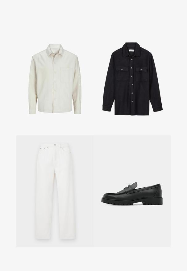 Camicia beige a bottoni realizzata in cotone con colletto classico, maniche lunghe, una tasca sul petto e una vestibilità rilassata. Texture liscia e morbida.; Giacca camicia nera in lana con colletto, chiusura frontale con bottoni, due tasche sul petto e maniche lunghe. Tessuto morbido, senza motivi visibili.; Pantaloni in denim bianco con vestibilità ampia, caratterizzati da un design a cinque tasche, chiusura con bottone frontale e gambe dritte. Texture liscia, senza modelli visibili.; Mocassini in pelle nera con punta rotonda, caratterizzati da un design cucito, suola piatta bassa e un battistrada in gomma testurizzata e scolpita.