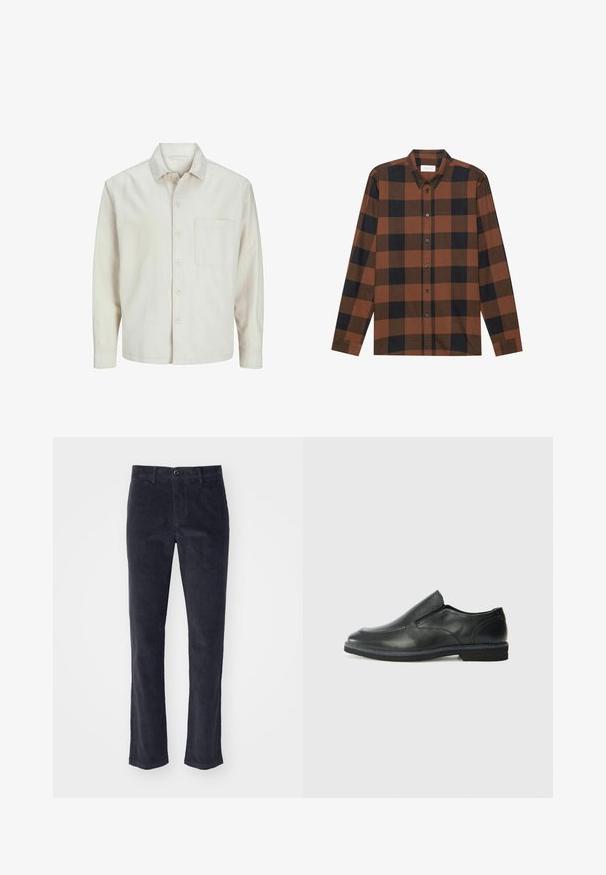 Beige pogrieta krekls no kokvilnas ar klasisku apkakli, garām piedurknēm, vienu krūšpocketu un brīvu piegriezumu. Gluda, maiga tekstūra.; Brūna un melna pārbaude ar garām piedurknēm, izgatavota no auduma ar pogu leju pie kakla un pogu aizdari; ir aproču piedurknes.; Tumši pelēki korduroja bikses ar taisnu kāju dizainu, ar priekšēju pogu aizdari un sānu kabatām. Mīksta tekstūra ar vertikālām rievām.; Melnas ādas slip-on kurpes ar gludu augšdaļu, izšūtām akcentiem, noapaļotu purngala daļu un zemu gumijas papēdi. Zole ar minimālu rakstu.