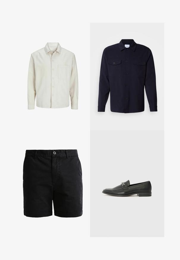 Beige overhemd met knopen, gemaakt van katoen, met een klassieke kraag, lange mouwen, één borstzak en een comfortabele pasvorm. Glad, zacht textuur.; Navyblauwe overhemdenjack gemaakt van zachte stof, met twee borstzakken, een knoopsluiting aan de voorkant en lange mouwen met knoopmanchetten.; Zwarte katoenen shorts met een gladde textuur, knoopsluiting en opgerolde boorden. Bevat riemlussen en voorkantzakken voor praktische gebruiken.; Zwarte leren instapper met een gladde afwerking, voorzien van een gestikt ontwerp en een decoratieve metalen kettingaccent over de wreef. Platte hak.