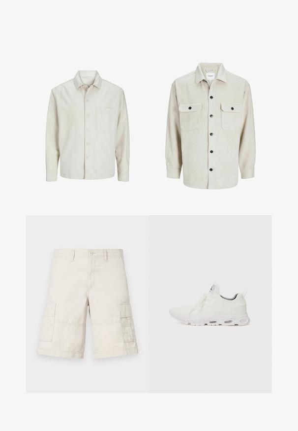 Béžová košeľa s gombíkmi vyrobená z bavlny, s klasickým golierom, dlhými rukávmi, jednou náprsní kapsou a voľným strihom. Hladká, mäkká textúra.; Bežová flanelová košeľa s golierom, obsahujúca dve náprsné vrecká, čierne gombíky a dlhé rukávy s gombíkovými manžetami.; Béžové cargo šortky vyrobené z ľahkej bavlny, ktoré majú dva bočné vrecká, predné zapínanie na gombík a detailné švy.; Biele športové topánky so štruktúrovaným pleteným zvrškom, plochými šnúrkami a odpruženou podrážkou s viditeľnými vzduchovými komorami pre dodatočnú podporu.
