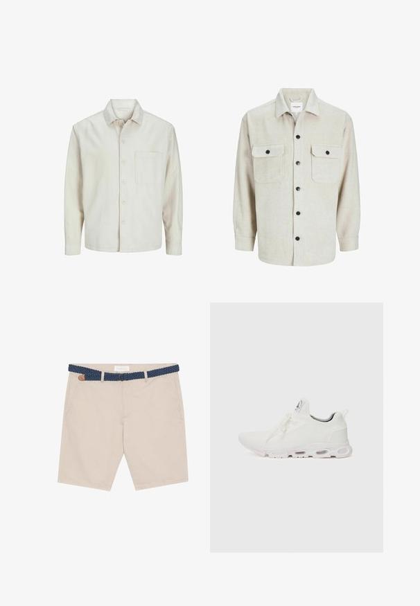 Chemise beige à manches longues en coton, avec un col classique, une poche poitrine et une coupe décontractée. Texture lisse et douce.; Chemise en flanelle beige avec un col, dotée de deux poches poitrine, de boutons noirs et de manches longues avec des poignets à bouton.; Shorts beiges avec une ceinture tressée bleue. Comprend des poches avant, un accent en cuir marron et un design décontracté adapté aux temps chauds.; Baskets blanches de sport avec un dessus en maille texturée, des lacets plats et une semelle rembourrée avec des chambres à air visibles pour un soutien supplémentaire.