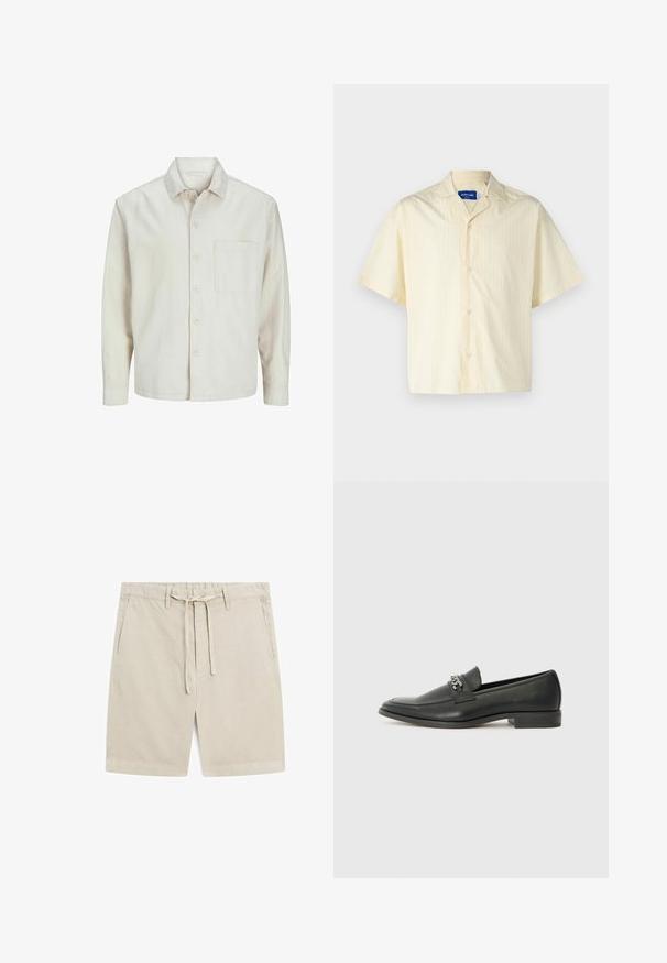 Beżowa koszula z długim rękawem wykonana z bawełny, z klasycznym kołnierzykiem, jedną kieszenią na piersi i luźnym krojem. Gładka, miękka faktura.; Jack & Jones JORBOXY biały; Beżowe szorty wykonane z lekkiego materiału. Posiadają elastyczny pas z troczkiem, dwie kieszenie z przodu oraz prosty krój nogawki.; Czarne skórzane mokasyny o gładkim wykończeniu, z haftowanym wzorem i dekoracyjnym akcentem z metalowego łańcucha na wierzchu. Płaska pięta.