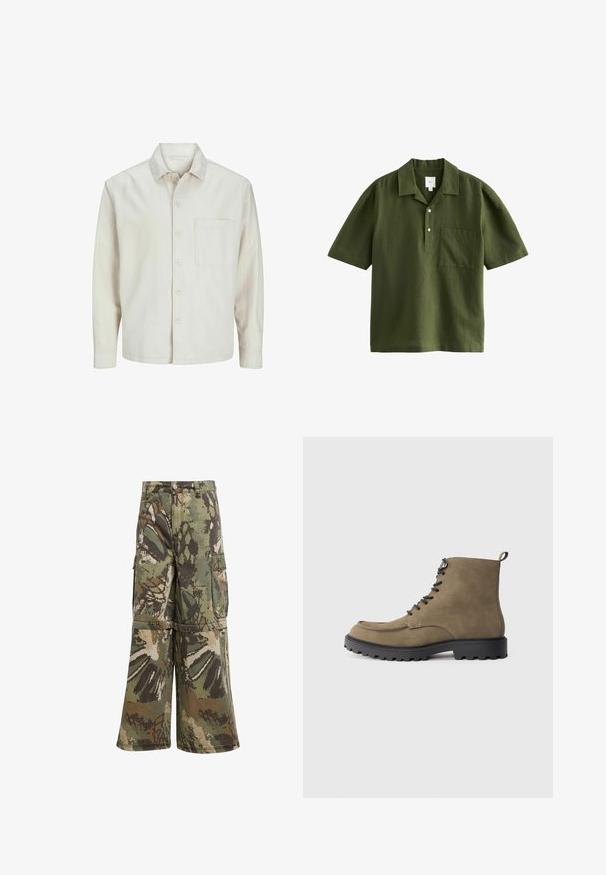 Beżowa koszula z długim rękawem wykonana z bawełny, z klasycznym kołnierzykiem, jedną kieszenią na piersi i luźnym krojem. Gładka, miękka faktura.; Next - Koszula; Spodnie cargo w kamuflażu o szerokim kroju, wykonane z trwałej tkaniny w odcieniach zieleni, brązu i beżu, z kieszeniami cargo oraz zapięciem na guzik.; Kasztanowe zamszowe buty z czarną gumową podeszwą, okrągłym noskiem, sznurowanym przodem i kontrastowym przeszyciem. Posiadają pętelkę na pięcie ułatwiającą zakładanie.