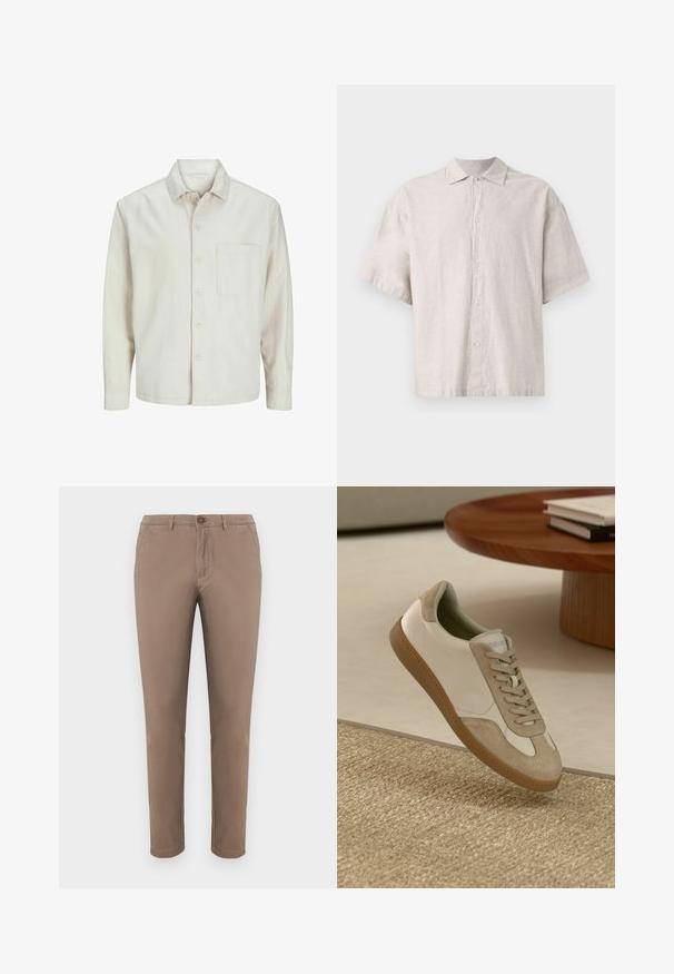 Beige knap-skjorte lavet af bomuld med klassisk krave, lange ærmer, en brystlomme og en afslappet pasform. Glat, blød tekstur.; Lys grå kortærmet skjorte lavet af linned. Har en knaplukning foran, flad krave og en afslappet pasform med en blød tekstur.; Beige chinos med lige pasform, knaplukning, front- og baglommer, glat bomuldsstof og pæn søm. Velegnet til afslappet brug.; Lettsko med en hvid læderoverdel og beige ruskindsdetaljer, rund tå og en tekstureret brun gummisål.