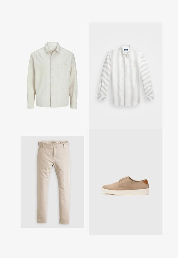 Beżowa koszula z długim rękawem wykonana z bawełny, z klasycznym kołnierzykiem, jedną kieszenią na piersi i luźnym krojem. Gładka, miękka faktura.; Biała koszula zapinana na guziki z jasnoniebieskimi pionowymi paskami, z długimi rękawami, z zapięciem na kołnierzu i małym haftowanym logo na lewej piersi.; Beżowe bawełniane chinosy o prostym kroju, z suwakowym zapięciem i zapięciem na guzik. Gładka tekstura z minimalnym zdobieniem kieszeni.; Beżowe zamszowe sneakersy z okrągłym noskiem, sznurowanym przodem i teksturowanym akcentem na tyle. Biała gumowa podeszwa tworzy kontrast. Prosty i nowoczesny design.