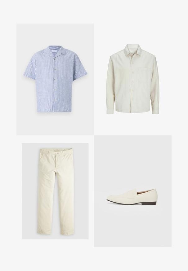 Beige nööbiga särk, mis on valmistatud puuvillast, klassikalise krae, pikkade varrukate, ühe rinnatasku ja avara lõikega. Sujuv, pehme tekstuur.; Lühikeste varrukatega särgid sinise ja valge vertikaalse triibuga, millel on krae ja viie nupuga kinnitamine, valmistatud kergest kangast.; Heledadbež püksid, millel on lõtv istuvus, kolm taskut, vöökohad ja sirge lõikega disain. Valmistatud pehmest puuvillasegust materjalist.; Heledadbeez loafers, millelise lõpp, sile materjal, rihm üle vampi ja madal pruun talla. Lihtne disain minimaalse aktsentidega.