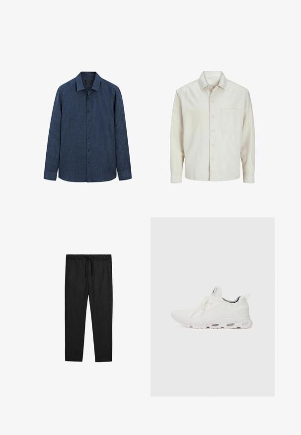 Camicia beige a bottoni realizzata in cotone con colletto classico, maniche lunghe, una tasca sul petto e una vestibilità rilassata. Texture liscia e morbida.; Camicia button-up a righe blu con colletto, maniche lunghe, bottoni neri e orlo dritto. Realizzata in un tessuto leggero con una sottile texture.; Massimo Dutti JOGGER FIT - Pantaloni - black; Scarpe atletiche bianche con tomaia in maglia testurizzata, lacci piatti e una suola ammortizzata con camere d'aria visibili per un supporto aggiuntivo.