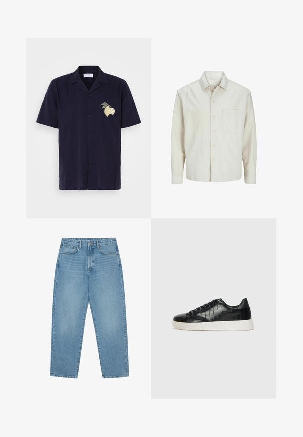 Bež košulja s dugim rukavima od pamuka, klasičnog ovratnika, s jednom džepom na prsima i opuštenim krojem. Glatka, meka tekstura.; Mornarska majica s kratkim rukavima s teksturiranim uzorkom i vertikalnim prugama. Ima izvezenu sliku limuna i limete na lijevoj strani prsnog dijela.; Svijetloplavi traper široke nogavice s visokim strukom, koji ima pet džepova, petlju za remen i mekan, blago izblijedio uzorak.; Crne tenisice s teksturiranom gornjom površinom od kože s uzorkom krokodila, zaobljenim vrhom i kontrastnom bijelom gumenom potplatom s glatkom završnom obradom.