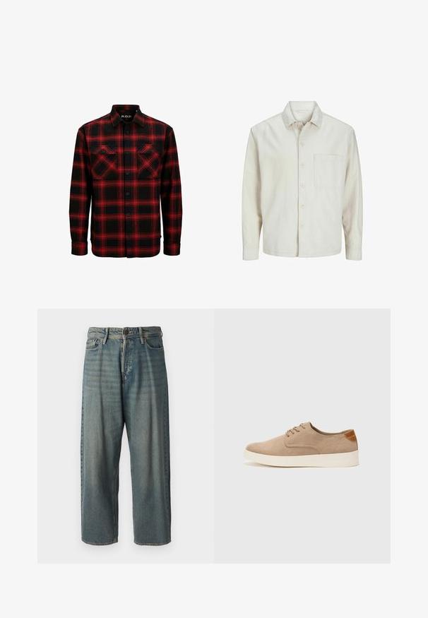 Beige Hemd mit Knopfleiste aus Baumwolle, klassischem Kragen, langen Ärmeln, einer Brusttasche und lockerer Passform. Glatte, weiche Textur.; Rot-schwarz kariertes Flanellhemd mit zwei Brusttaschen, Knopfleiste und Kragen. Hergestellt aus einem weichen, strukturierten Stoff.; Helle blaue Denim-Jeans mit lockerer Passform, mittelhoher Taille und geraden Beinen. Hat fünf Taschen, Gürtelschlaufen und einen Knopfverschluss.; Beige Wildleder-Sneaker mit runder Zehenpartie, Schnürung und strukturiertem Rückenteil. Die weiße Gummisohle sorgt für einen Kontrast. Einfaches und modernes Design.