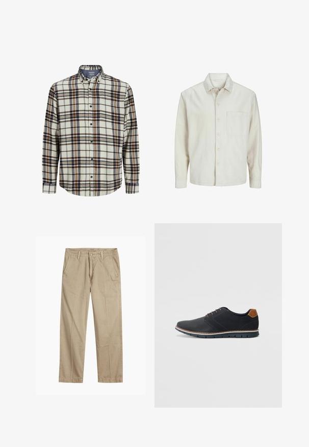 Camicia beige a bottoni realizzata in cotone con colletto classico, maniche lunghe, una tasca sul petto e una vestibilità rilassata. Texture liscia e morbida.; Camicia di flanella scozzese nei colori crema, blu e marrone. Maniche lunghe, chiusura con bottoni frontale, colletto standard, con taschino sul petto e orlo arrotondato.; Chinos beige a gamba dritta con passanti per cintura, chiusura frontale a bottone e zip, e tasche laterali inclinati.; Scarpe sintetiche nere con tomaia testurizzata, dettagli lisci, tacco marrone e suola a contrasto. Presentano una lacerazione minimale e dettagli di cucitura.