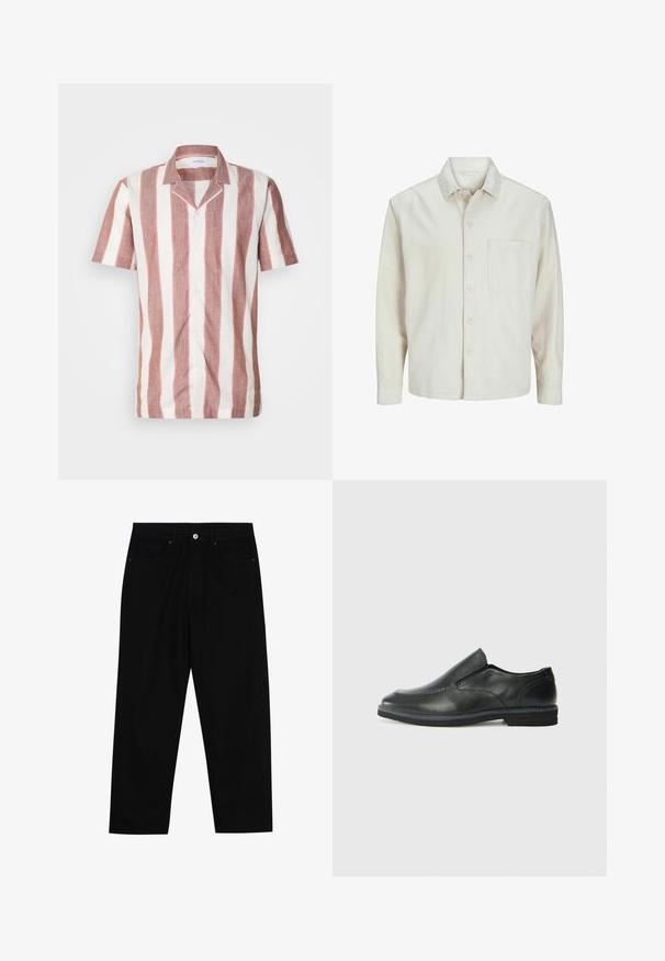 Camicia beige a bottoni realizzata in cotone con colletto classico, maniche lunghe, una tasca sul petto e una vestibilità rilassata. Texture liscia e morbida.; Camicia a maniche corte realizzata in tessuto leggero, con ampie righe verticali rosa e bianche, colletto e bottoni frontali.; Pantaloni in denim nero con taglio dritto, design a cinque tasche e chiusura frontale con bottone. Tessuto liscio con dettagli di cucitura minimi.; Scarpa nera in pelle con inserto scivolare, superiore liscio, dettagli cuciti, punta arrotondata e tacco in gomma basso. La suola presenta un battistrada minimale.