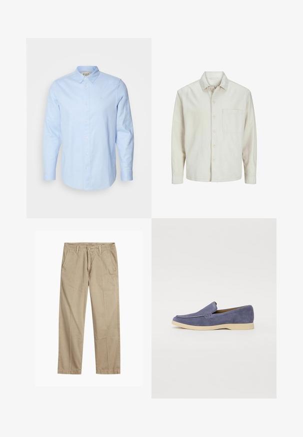 Camicia beige a bottoni realizzata in cotone con colletto classico, maniche lunghe, una tasca sul petto e una vestibilità rilassata. Texture liscia e morbida.; Camicia azzurro chiaro a maniche lunghe con colletto abbottonato, bottoni bianchi e logo ricamato sottile sul lato sinistro del petto.; Chinos beige a gamba dritta con passanti per cintura, chiusura frontale a bottone e zip, e tasche laterali inclinati.; Mocassini in suede blu con punta rotonda, cuciture minime e suola in gomma beige. Presentano un design slip-on per una facile indossabilità.