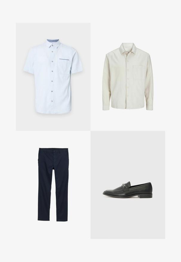 Beige színű, pamut anyagú gombos ing, klasszikus gallérral, hosszú ujjakkal, egy mellzsebbel és laza szabással. Sima, puha tapintású.; Világoskék, rövid ujjú ing, puha anyagból készült, gombos elülső résszel, egyetlen mellzsebbe és kontrasztos gallér részlettel.; Sötétkék, könnyű nadrág sima textúrával, egyenes szárú dizájnnal, gombos záródással és oldalsó zsebekkel.; Fekete bőr loaferek sima felülettel, varrott mintával és díszítő fém lánccal a cipő elején. Lapos sarok.
