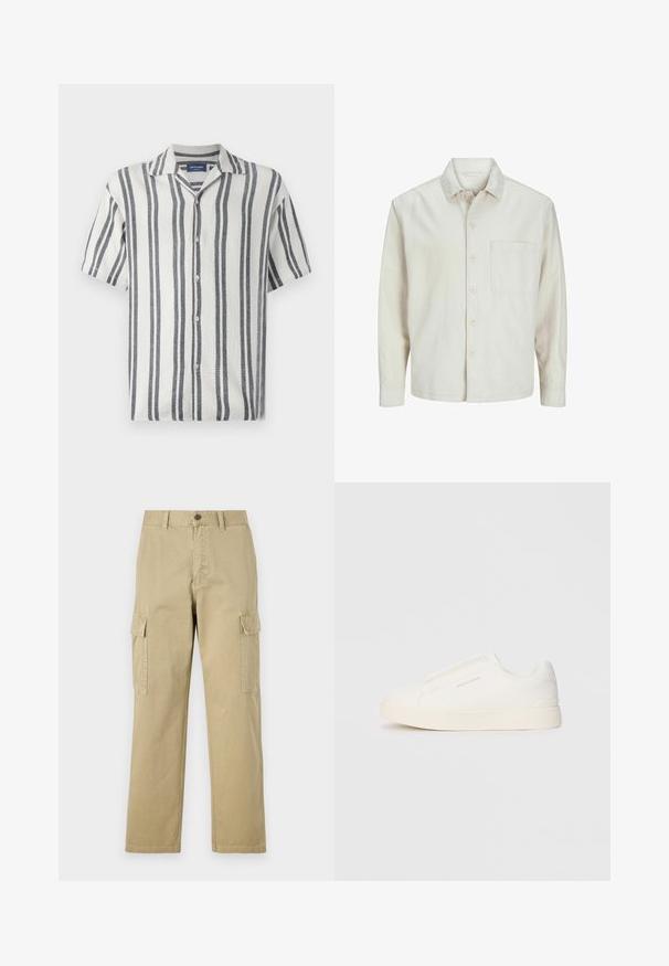 Beżowa koszula z długim rękawem wykonana z bawełny, z klasycznym kołnierzykiem, jedną kieszenią na piersi i luźnym krojem. Gładka, miękka faktura.; Koszula z krótkim rękawem wykonana z teksturowanej tkaniny, w białe i granatowe pionowe paski, z kołnierzykiem z wcięciem i zapięciem na guziki.; Beżowe spodnie cargo wykonane z bawełny, z dwoma bocznymi kieszeniami, z zapięciem na guzik oraz prostymi nogawkami z lekko teksturowanej tkaniny.; Białe sneakersy wsuwane z teksturowanej powierzchni, grubą podeszwą i minimalistycznym designem. Zawierają logo marki z boku.