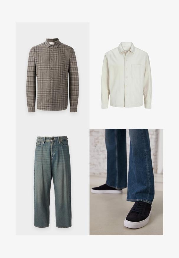 Cămașă bej cu nasturi, din bumbac, cu guler clasic, mâneci lungi, un buzunar la piept și o croială lejeră. Textură netedă și moale.; Cămașă cu mâneci lungi, cu nasturi, în carouri maro și gri, având un guler clasic și închidere cu nasturi pe față.; Jeans din denim bleu deschis, cu o croială lejeră, talie medie și picioare drepte. Au cinci buzunare, bucle pentru curea și închidere cu nasture.; Tenisi din suede albastru închis, cu talpă de cauciuc albă și șireturi, asortați cu blugi cu picioare largi într-o nuanță medie de albastru.