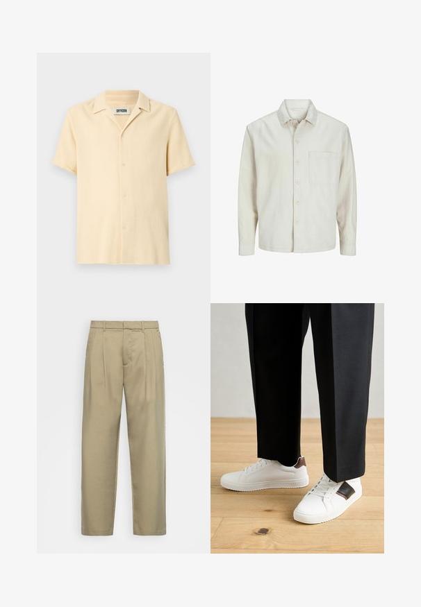 Camisa de botón de color beige hecha de algodón, con un cuello clásico, mangas largas, un bolsillo en el pecho y un corte relajado. Textura suave y lisa.; Camisa de botón de manga corta en beige claro con un diseño texturizado y tejido. Presenta un cuello con muesca y un dobladillo recto.; Pantalones beige de cintura alta con corte recto, con frente plano, bolsillos laterales y una tela suave y texturizada.; Zapatillas blancas con textura suave, con acentos de cuero marrón y detalles en negro, combinadas con pantalones negros ajustados. Fondo de suelo de madera.