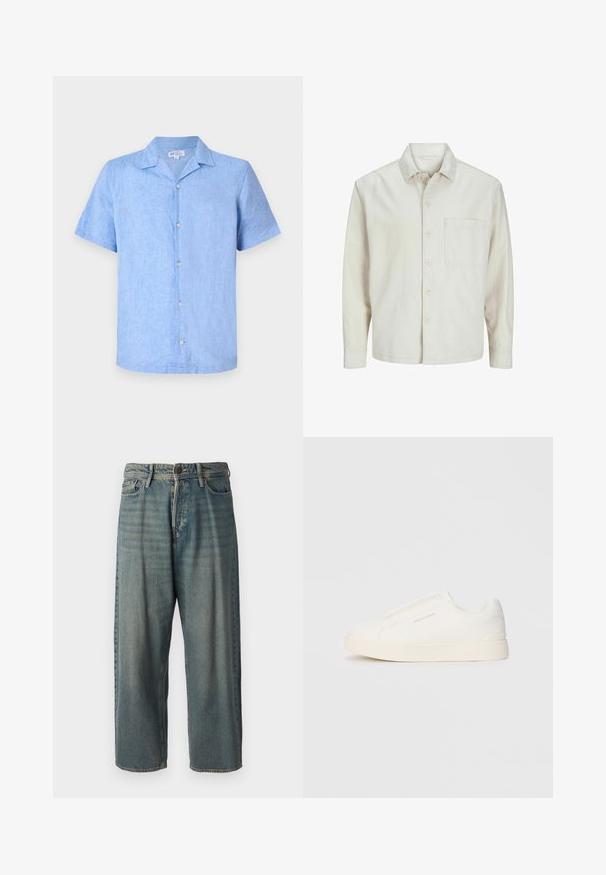 Beige knappskjorte laget av bomull med klassisk krage, lange ermer, en brystlomme og avslappet passform. Glatt, myk tekstur.; Kortermet skjorte i lys blå lin, med krage, frontlukking med knapper og en avslappet passform. Glatt tekstur med minimal detaljer.; Lyseblå denimjeans med løs passform, midjehøyde og rette ben. Har fem lommer, beltehemper og knappelukking.; Hvite slip-on joggesko med teksturert overflate, tykk såle og minimalistisk design. Har merkevarelogo på siden.