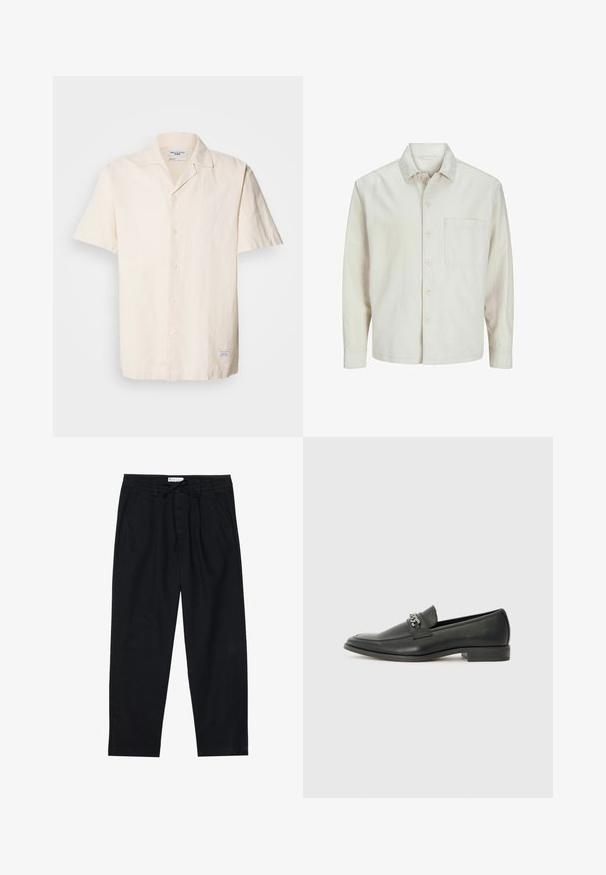 Šviesiai rudos spalvos medvilninis marškinis su klasikiniais atvartais, ilgomis rankovėmis, viena krūtine kišenė ir laisvas fasonas. Sklandus, minkštas paviršius.; Trumpu rankovu, šviesiai pilkšvos spalvos marškiniai, pagaminti iš tekstūruoto audinio, su smailiu apykakle, mygtukais priekyje ir mažu žymekliu ant pakraščio.; Pier One Chino stiliaus kelnės - black; Juodos odinės loafer tipo bateliai su lygiu paviršiumi, turintys siuvinėtą dizainą ir dekoratyvų metalo grandinėlės akcentą ant batų viršaus. Plokščias kulnas.