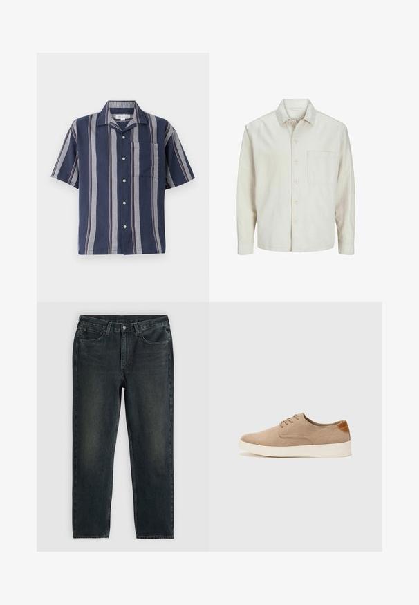 Bež srajca s gumbi, izdelana iz bombaža, s klasičnim ovratnikom, dolgimi rokavi, enim žepom na prsih in sproščenim krojem. Gladka, mehka tekstura.; Kratka majica s kratkimi rokavi v mornarsko modri barvi z navpičnimi črtami. Ima žep in kontrastne teksturirane vzorce v sivi in rdeči barvi.; Črne kavbojke iz denima z ravnim krojem nogavic, zasnovo s petimi žepi in subtilnimi podrobnostmi bledenja. Imajo gumb in zadrgo za zapiranje.; Bež tkanine usnjene superge z zaobljenim nosom, vezalkami na sprednji strani in teksturiranim zadnjim detajlom. Belo gumijasto podplato zagotavlja kontrast. Enostaven in sodoben dizajn.